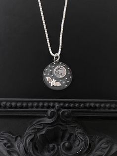 Please Read   Photos are enlarged to show detail. Please read the measurement in the description.  Jewelry Add Ons: https://www.etsy.com/shop/MathewandMarieCo?ref=seller-platform-mcnav§ion_id=14999538 DETAILS:  ☑️ The chain and components are .925 Sterling Silver. - The Satellite chain is 1mm thick with a 2mm ball. - The Staple chain is 2mm thick. - The Box chain is 1mm thick. - The Rope chain is 1.1mm thick. ☑️ The charm is .925 Sterling Silver and measures approximately 24x18mm. ♥️ Follow us a Wicca Jewelry, Bat Jewelry, Fruit Bat, Jewelry Chain, Moon Jewelry, Add Ons, Moon Necklace, Box Chain, Rope Chain