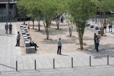 people standing and sitting in the middle of a park