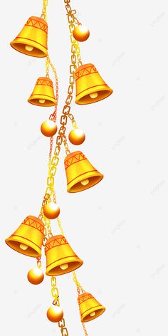 golden bells hanging from chains on a white background