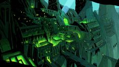 an image of a futuristic city with green lights on the buildings and trees in the background