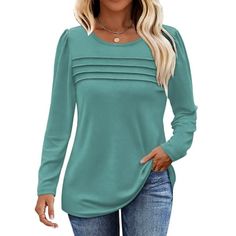 Fantaslook Long Sleeve Shirts for Women Fall Fashion Dressy Casual Blouses Pleated Tunic Tops Fashion womens tops upgrade your fall wardrobe, designed to combine fashion and comfort effortlessly. Crafted with a focus on versatility, womens blouses features a trendy pleated design that adds an elegant touch to your casual look. fall outfits, tops for women trendy, dressy blouses, work shirts, plus size tops, cute puff long sleeves make it perfect for cooler weather, while the relaxed tunic fit en Fall Dressy Casual, Green 3/4 Sleeve Blouse For Fall, Cheap Green 3/4 Sleeve Tops, Blue 3/4 Sleeve Tops For Daywear, Casual Light Blue Blouse With 3/4 Sleeves, Cheap Light Blue Blouse With 3/4 Sleeves, Blouses Work, Long Sleeve Shirts For Women, Dressy Blouses