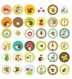 a bunch of different types of stickers on a white background with animals and trees