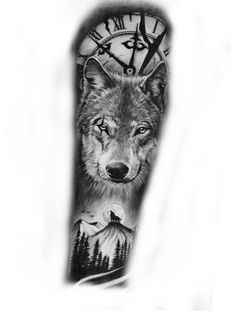 an arm tattoo with a wolf and clock on the front, in black and white