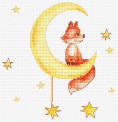 a cross stitch pattern of a fox sitting on the moon with stars in the background