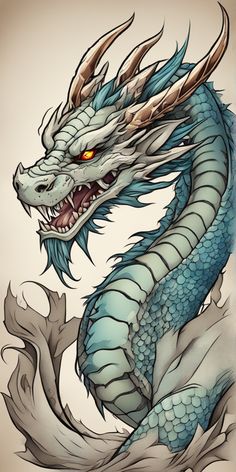 a drawing of a blue dragon with large horns and sharp fangs on it's head