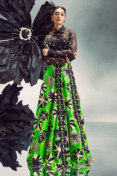 Parrot green lehenga with abstract print and weave studded detail. Paired with metal balls studded sheer shirt. - Aza Fashions Traditional Green Dress With Digital Print, Floor-length Green Silk Choli, Floor-length Digital Print Dupatta For Party, Green Anarkali Silk Choli, Green Anarkali Silk Lehenga, Festive Green Lehenga With Printed Motifs, Designer Festive Sets With Printed Motifs, Green Silk Floor-length Lehenga, Festive Designer Sets With Printed Motifs