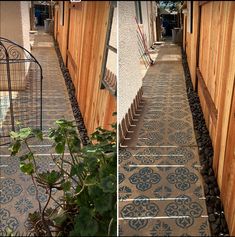 two photos side by side showing the same tile floor and walls as well as plants