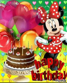 a mickey mouse birthday card with balloons and a cake