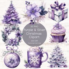 purple and silver christmas clipart set with gifts, presents, trees, cupcakes