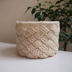 a crocheted basket sits on a table next to a potted plant