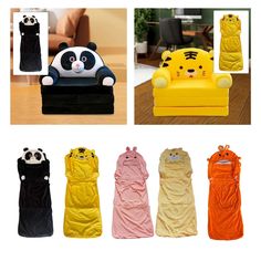 an image of children sleeping bags in different colors and sizes with panda bear sitting on the chair