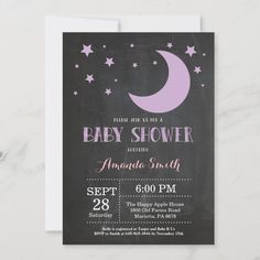 a baby shower is shown with the moon and stars on it's card, which reads