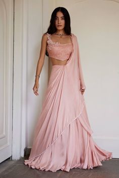 Pink Viscose Georgette Satin Moti Border Lehenga Saree With a Corset Blouse Cocktail Outfit For Bride, Indian Corset Outfit, Corset Blouse Lehenga, Corset Blouse Saree, Wedding Reception Outfit Guest, Corset Lehenga, Saree With Corset, Elegant Lehenga, Indian Engagement