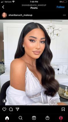 Hair Inspo For Engagement, Wedding Makeup For Blue Eyes Black Hair, Bridesmaid Hairstyles Hollywood Waves, Formal Wavy Hair, Bridesmade Hair Styles Half Up, Wedding Hair For Brown Hair, Bridal Hair Down With Veil Half Up, Dark Hair Wedding Makeup, Black Prom Dress Hairstyles