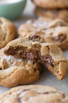 chocolate chip cookies with one broken in half