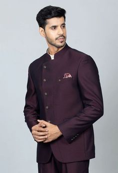 this classy wine bandhgala jodhpuri suit is perfect for evening partie s & wedding functions. #indianwear #groom #weddingwear #indiangroom #groomoutfits Jodhpuri Suit, Like Button, Ethnic Wear, Stitch Design, Indian Wear