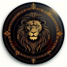 a lion's head is shown on the side of a black and gold plate