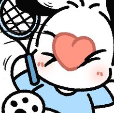 a cartoon cat holding a tennis racquet in its mouth with a heart on it's chest