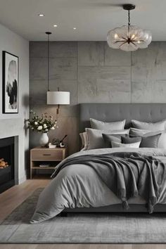 a bedroom with a bed, fireplace and pictures on the wall above it in grey tones