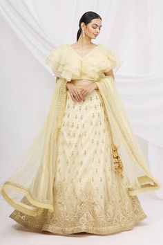 Shop for Ariyana Couture Gold Embroidered Lehenga Set for Women Online at Aza Fashions Floral Anarkali, Ruffle Dupatta, Cutdana Work, Gold Lehenga, Anarkali Lehenga, Bridal Lehenga Red, Blouse Silk, Embroidered Lehenga, Butterfly Sleeve