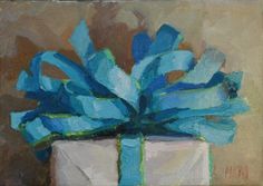 a painting of a white gift box with blue ribbon