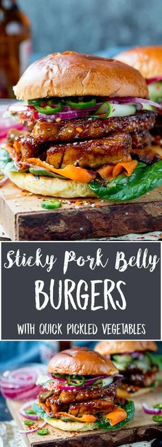 steaky pork belly burgers with quick pickled vegetables