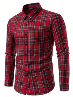 Manfinity Homme Men's Simple Red Black Plaid Long Sleeve Shirt, Button Up Graphic Casual Shirt For Party | SHEIN Casual Plaid Shirt, Button Shirts Men, Boys Plaid, Inspiration Mode, Boys Clothing