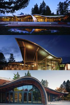 three different views of a building at night