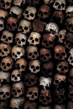 a bunch of skulls that are stacked on top of each other