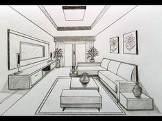 a drawing of a living room with couches and tables