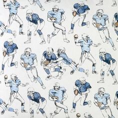 a drawing of football players in blue and white on a white background with black outline