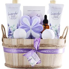 LUXURIOUS 11 PIECE GIFT BASKET SET ♥Including Shower Gel, Bubble Bath, Body Lotion, Hand Cream, Bath Salt, Massage Essential Oil, 2 Bath Bombs, Bath Pouf and Exfoliating Loofah. This spa gift basket has everything a woman needs! ROMANTIC LAVENDER ♥ Bathe in our lavender spa gift set and transport yourself into a beautiful world! Enjoy our sweet floral lavender scent. The fresh scent of lavender lasts long and will definitely bring you the desired relaxation! FOR ALL SKIN TYPES ♥ Ideal gift sets Spa Gift Baskets, Bath Gift Basket, Spa Basket, Beauty Spells, Lavender Spa, Best Gift Baskets, Gift Baskets For Women, Lavender Fragrance, Lavender Bath