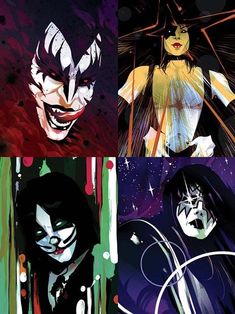 four different colored images of the joker and catwoman from dc comics, one with black hair