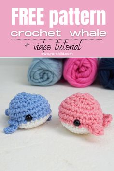 two crocheted whales sitting next to each other with text overlay that says free pattern