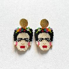 Frida Kahlo Embroidered Earrings By Colombian Designer Angelica Cruz. Angelica Cruz, Frida Kahlo Earrings, Skull Light, Embroidered Earrings, Malachite Earrings, Golden Yellow Color, Polymer Crafts, Beaded Wedding, Daisy Earrings