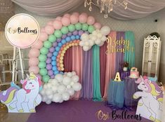 a unicorn themed birthday party with balloons and decorations