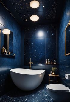 a bath room with a toilet and a bath tub next to a wall mounted mirror