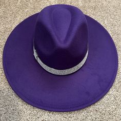 Brand New! Purple Fedora Hat For Party, Party Hat With Rhinestones And Flat Brim, Wide Brim Hat With Rhinestones, Trendy Party Hats With Rhinestones, Trendy Rhinestone Party Hats, Purple Hats, All Things Purple, Purple Rhinestone, Wide Brimmed Hats