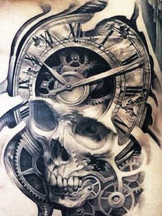 a tattoo with a clock and skull on it