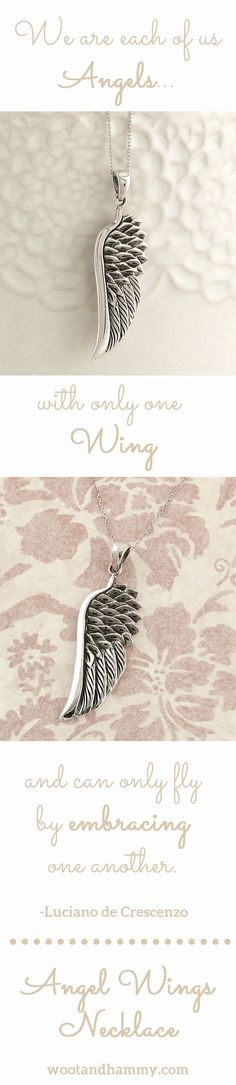 Pretty angel wings necklace in sterling silver....pinned by ♥ wootandhammy.com, thoughtful jewelry..."We are each of us Angels, with only one wing, and can only fly by embracing one another." -Luciano de Crescenzo Angel Wings Jewelry, Angel Wing Necklace, Wing Necklace, Necklaces, Sterling Silver Charm, Silver Charms, Henna, Beautiful Necklaces, Sterling Silver Jewelry