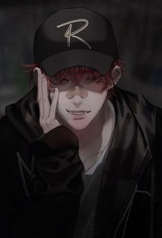 a man with red hair wearing a baseball cap and black jacket holding his hand to his face