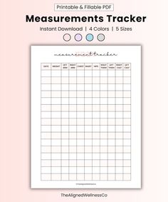 the printable and fillable measurement tracker is shown on a pink background with text