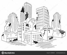 black and white cityscape with birds flying in the air stock photo, royalty