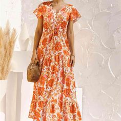 Brand New Orange Floral Button Down Tie-Waist Maxi Dress Orange Vacation Dresses With Buttons, Orange Beach Dress With Buttons, Floral Print Button-up Maxi Dress For Vacation, Casual Maxi Dress With Buttons For Garden Party, Orange V-neck Dress With Buttons, Bohemian Dress Short, Boho Party Dresses, Summer Boho Dress, Boho Dress Short