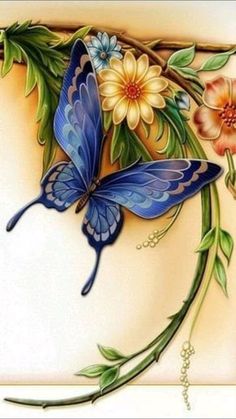 a blue butterfly sitting on top of flowers