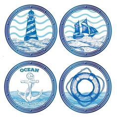 four blue and white plates with boats, lighthouses, and ships on the water