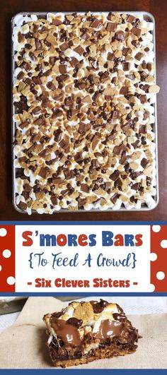 a close up of a plate of food on a table with the words s'mores bars to feed a crowd