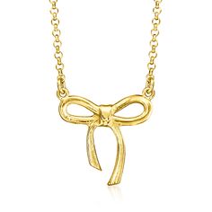 Ross-Simons - Italian 18kt Gold Over Sterling Bow Necklace. 18". Crafted in bright 18kt yellow gold over sterling silver, our on-trend bow necklace from Italy wraps up your everyday outfits in the best way. Rolo chain includes a 2" extender. Lobster clasp, 18kt gold over sterling bow necklace. Gold Necklaces With Bow Detail, Chic Yellow Gold Jewelry With Bow Detail, Chic Yellow Gold Jewelry With Bow, Elegant Gold Necklace With Bow Detail, Elegant Gold Necklace With Bow, Chic Gold Necklace With Bow, Jewelry Presentation, Bow Necklace, Sterling Necklaces