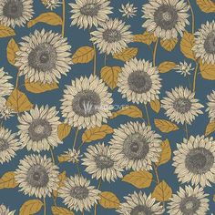 sunflowers and leaves on a blue background with gold foiled accents are the focal point for this wallpaper