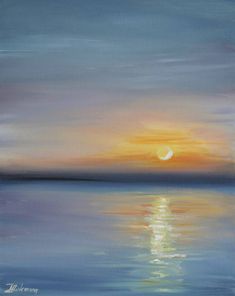 an oil painting of the sun setting over water